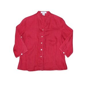 Rosanna Petite 100% Linen Button Front Blouse Red 3/4 Sleeve PS